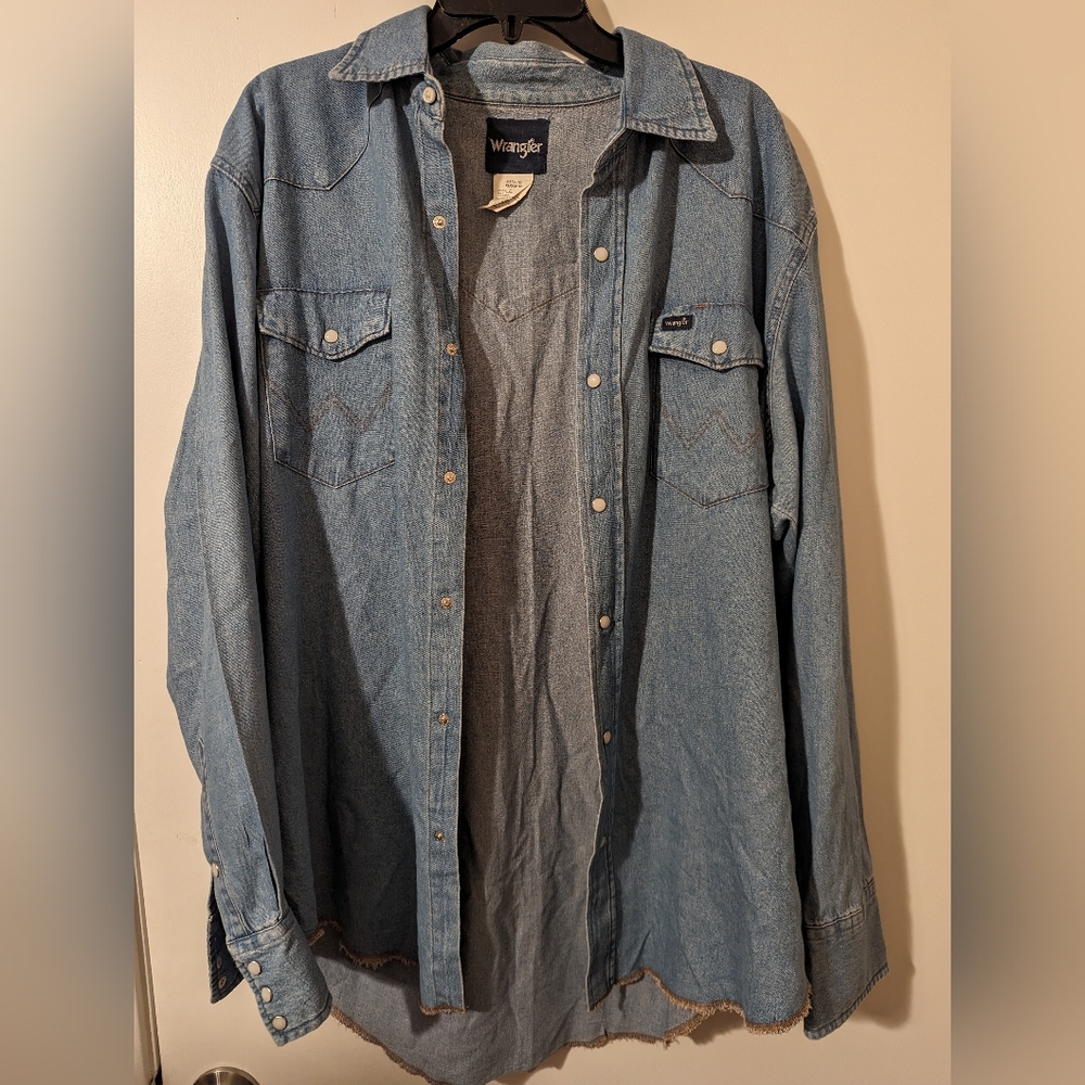 Wrangler Light Denim Pearl Snap Shirt Workwear Ranch Rodeo Mens Sz XL